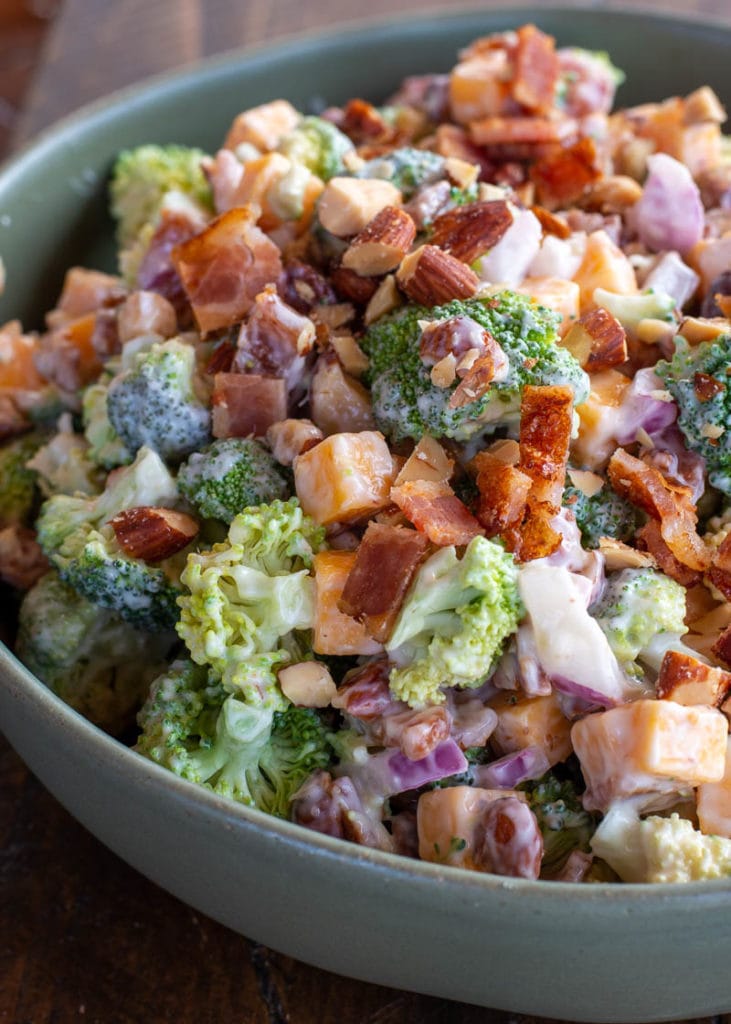 This Broccoli Salad with Bacon is the perfect quick and easy side dish! This keto salad has about 4 net carbs per serving and is always a crowd pleaser!