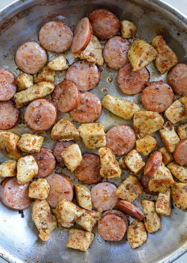  A healthy one pan meal your family will adore, this Cajun Chicken Sausage and Cabbage Skillet will be on your table in less than 3o minutes! Keto friendly and loved by all ages, this meal will disappear almost as quickly as it came together!