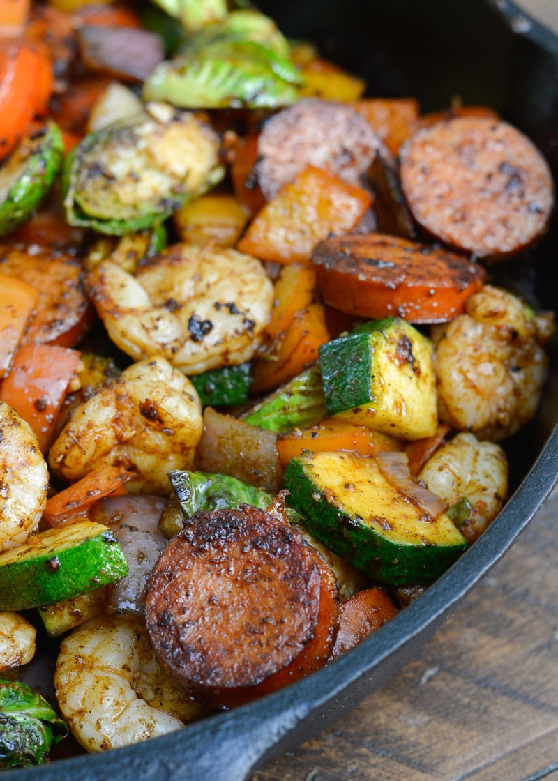 This Cajun Shrimp and Sausage Skillet is the perfect 20 minute dinner! This easy keto recipe is packed with smoked sausage, cajun shrimp and tons of vegetables!