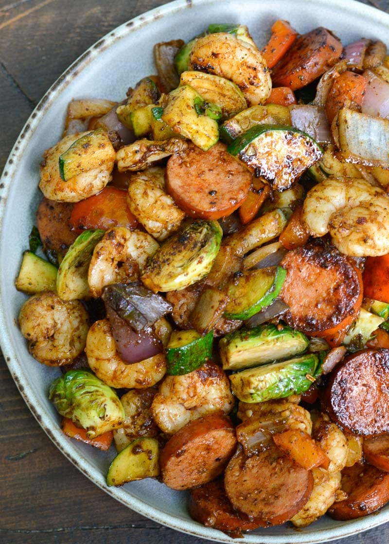 This Cajun Shrimp and Sausage Skillet is the perfect 20 minute dinner! This easy keto recipe is packed with smoked sausage, cajun shrimp and tons of vegetables!