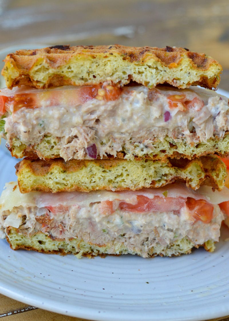 This Tuna Melt Chaffle Sandwich is the perfect keto comfort food. Cheesy, full of protein, and under 7 net carbs!