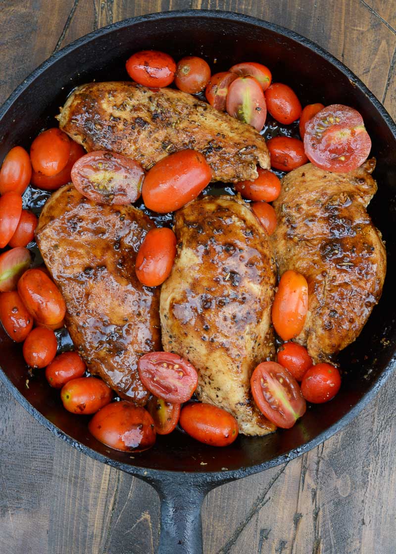 This one pan Chicken Caprese is loaded with pan seared chicken, fresh tomatoes, mozzarella in a creamy balsamic glaze! Enjoy a generous serving of this easy chicken recipe for about 4 net carbs!