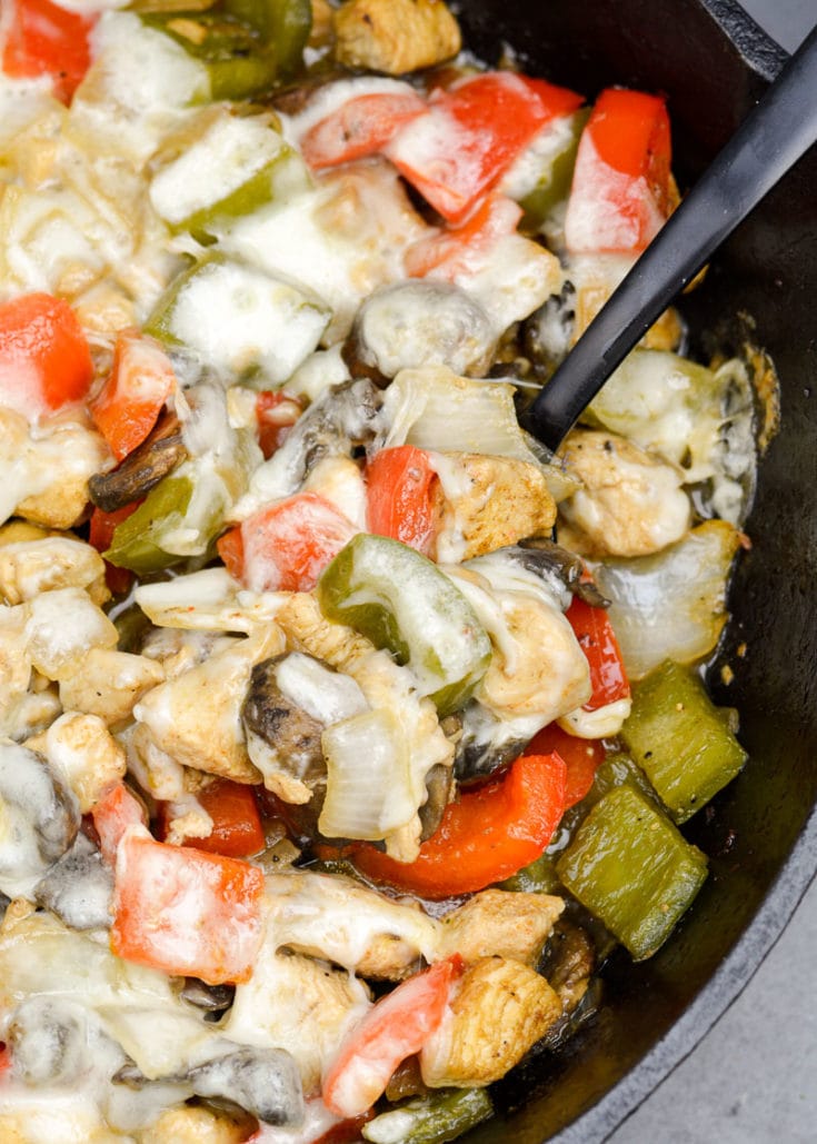 Try this Chicken Philly Cheesesteak Skillet packed with pan seared chicken, mushrooms, bell peppers and onions. This easy one pan recipe has less than 5 net carbs per serving! 