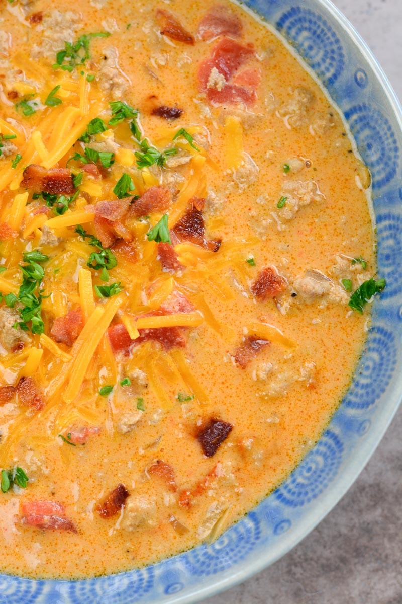 This Keto Cheeseburger Soup is a low-carb, keto-friendly soup recipe that's loaded with bacon, ground beef, cheese, and spices. Just under 6 net carbs per serving!