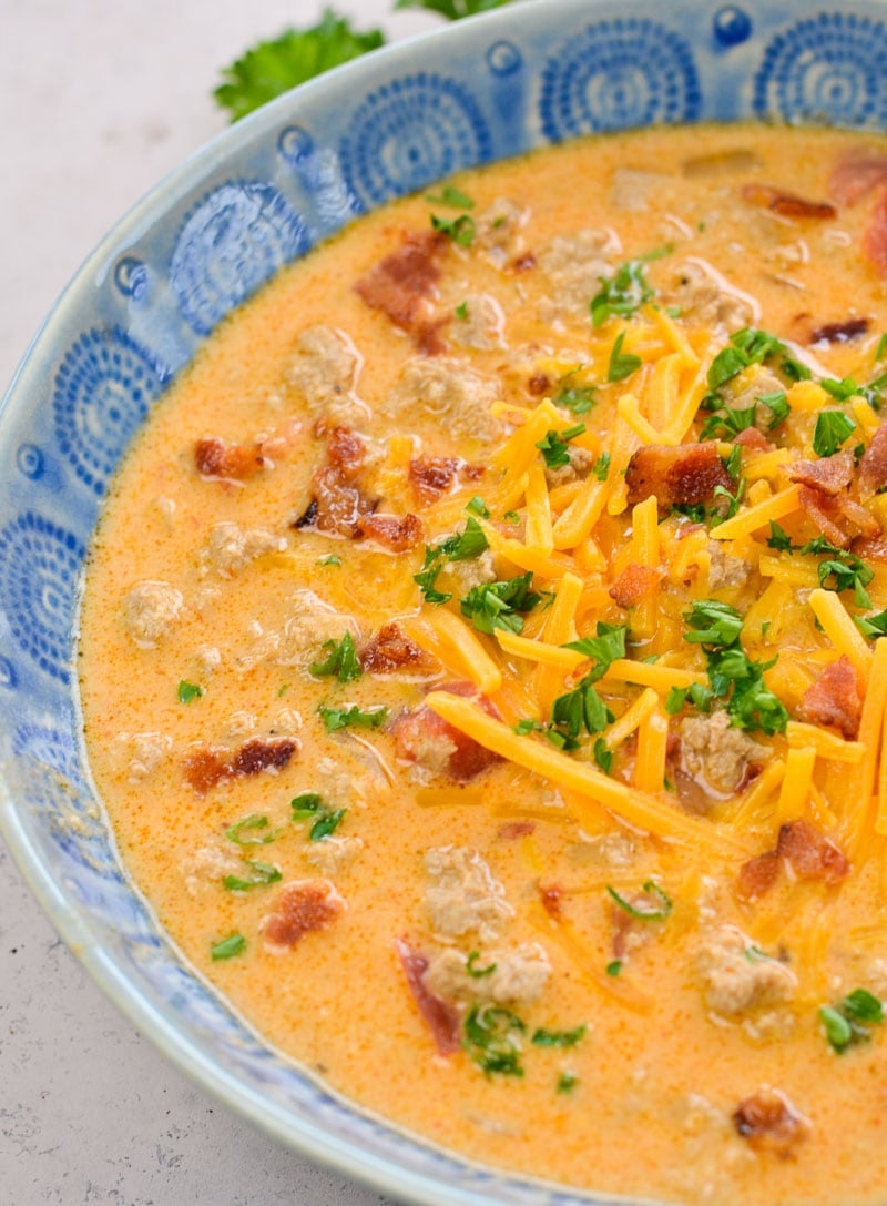 This Keto Cheeseburger Soup is a low-carb, keto-friendly soup recipe that’s loaded with bacon, ground beef, cheese, and spices. Just under 6 net carbs per serving!