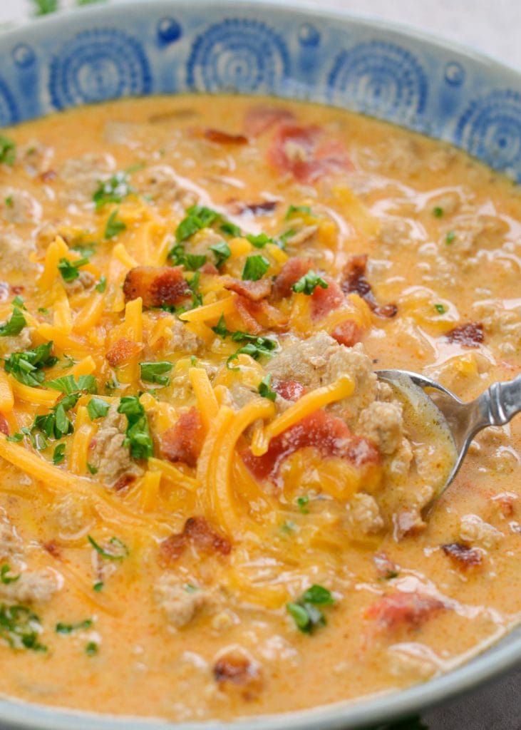 This Bacon Cheeseburger Soup is a low carb, keto-friendly soup loaded with flavor under 6 net carbs per serving!