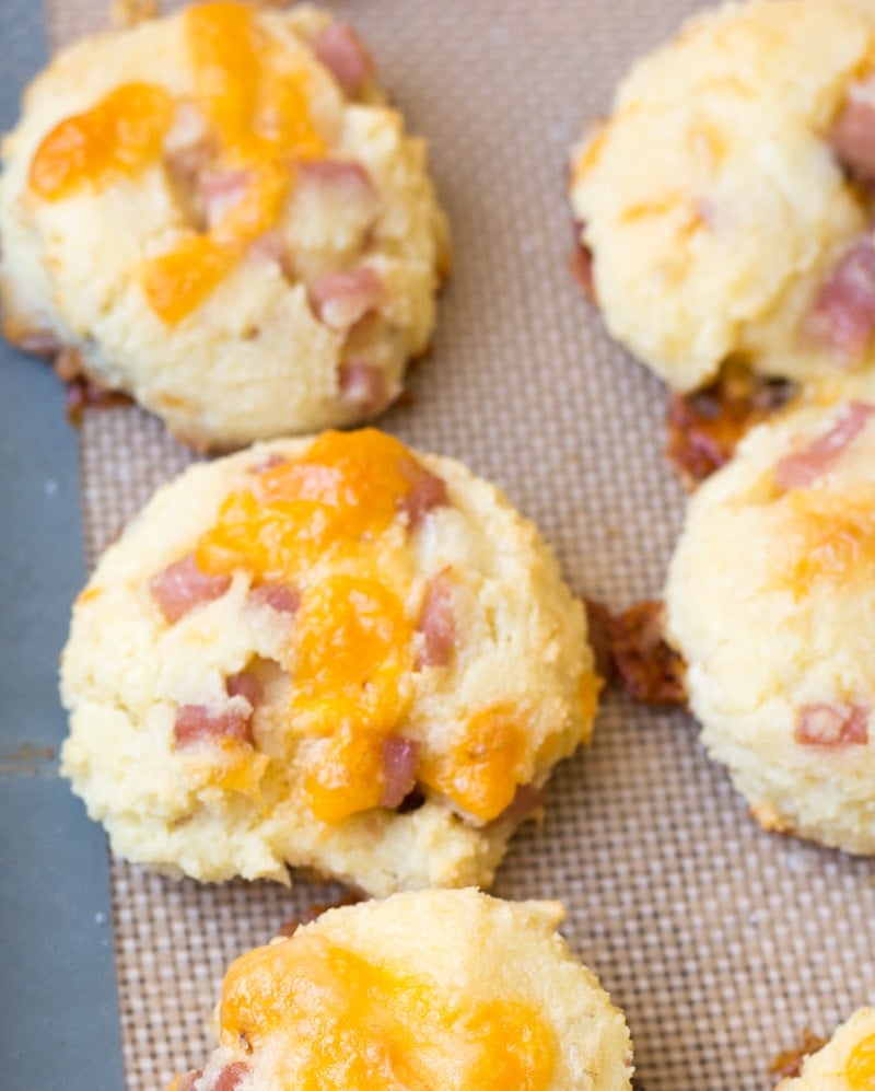 These Keto Ham and Cheese Biscuits are the perfect easy keto breakfast! Each soft, fluffy biscuit is loaded with cheese and ham and has less than 2 net carbs each!