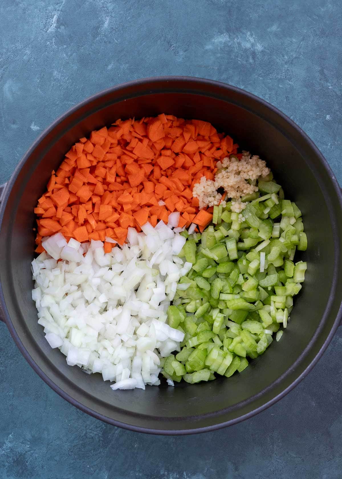 onions, carrots, celery, and minced garlic in a pot