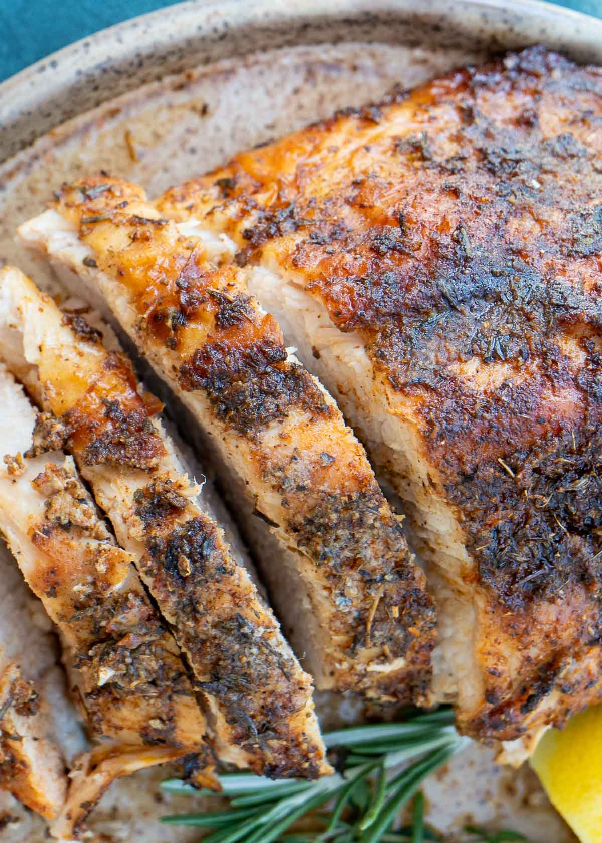 overhead shot of sliced turkey breast