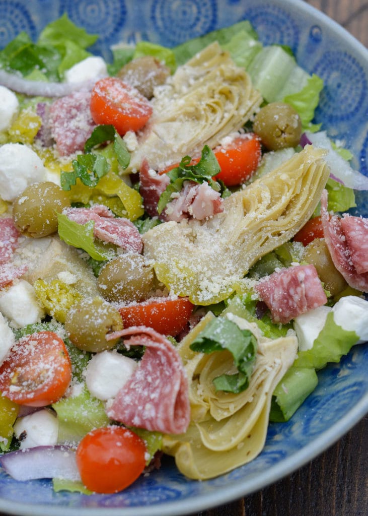 This Italian Chopped Salad is an easy no cook meal. Loaded with meat, cheese and vegetable this filling salad has fewer than 6 net carbs per serving. 