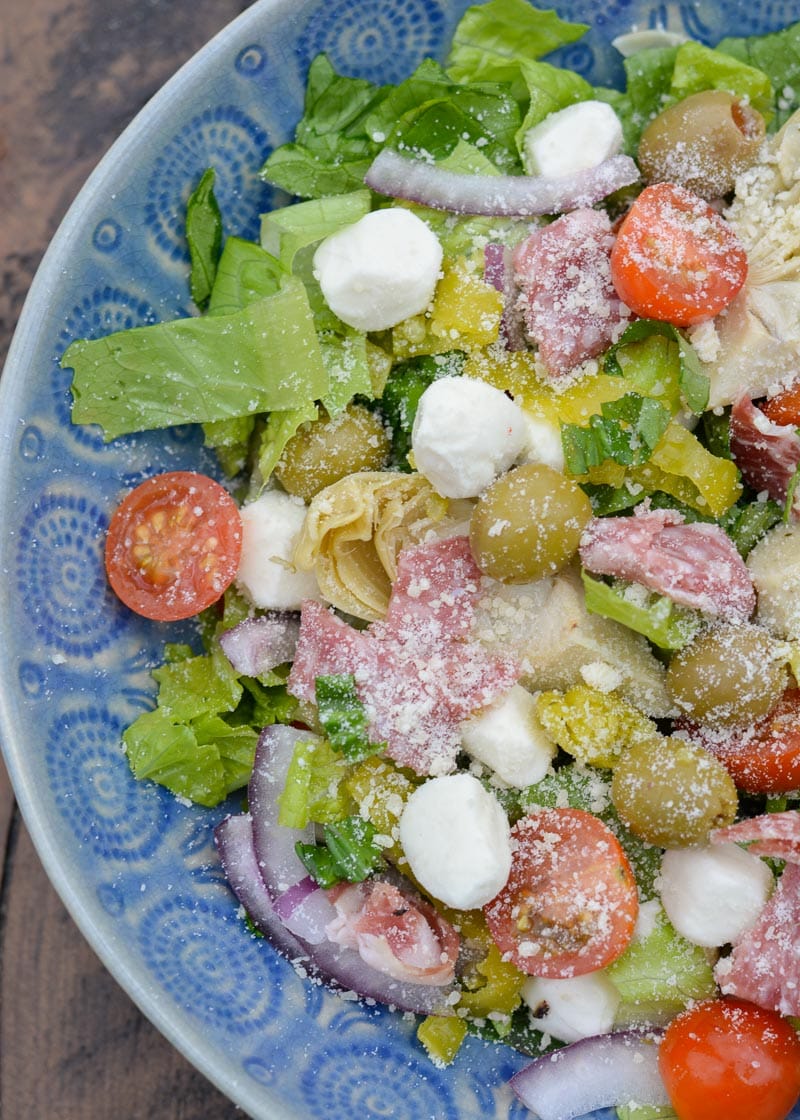 This Italian Chopped Salad is an easy no cook meal. Loaded with meat, cheese and vegetable this filling salad has fewer than 6 net carbs per serving. 