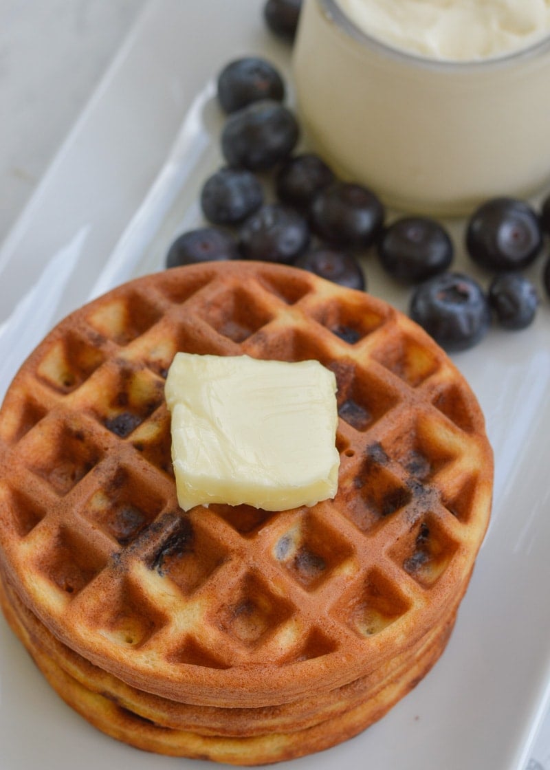 These Blueberry Chaffles are the perfect low carb breakfast or snack recipe! Great for keto meal prep and under 2 net carbs each!