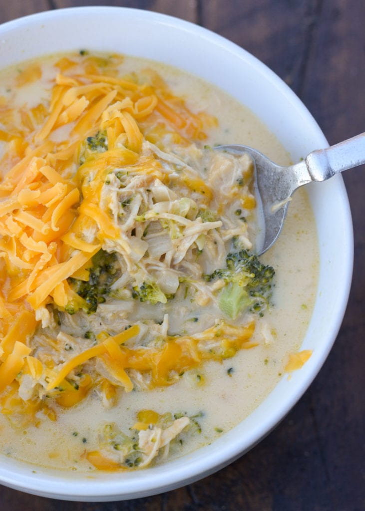 Each generous serving of this Keto Broccoli Cheddar Soup with Chicken has about 4 net carbs! This is the perfect easy, cheesy low carb soup recipe!