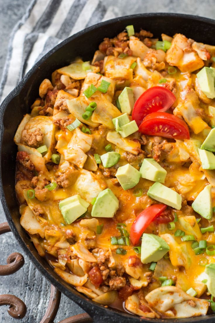 This easy One Pan Cheesy Taco Cabbage Skillet is packed with meat, cabbage, Mexican flavors and loaded with cheese! It is a low carb, keto dinner that everyone will love! #keto