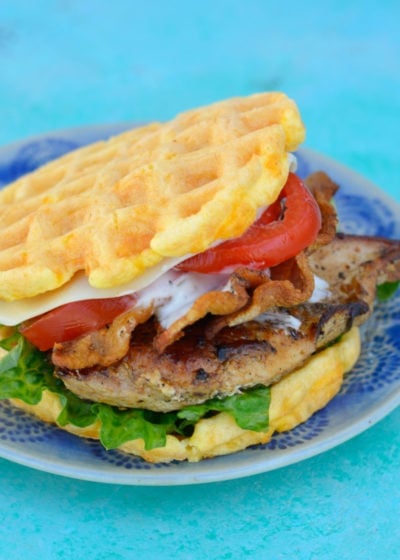 Dig into a Chicken Bacon Ranch Sandwich without the carbs! This Keto Chicken Bacon Chaffle has about 5 net carbs per serving and is great for a low carb lunch or easy dinner!