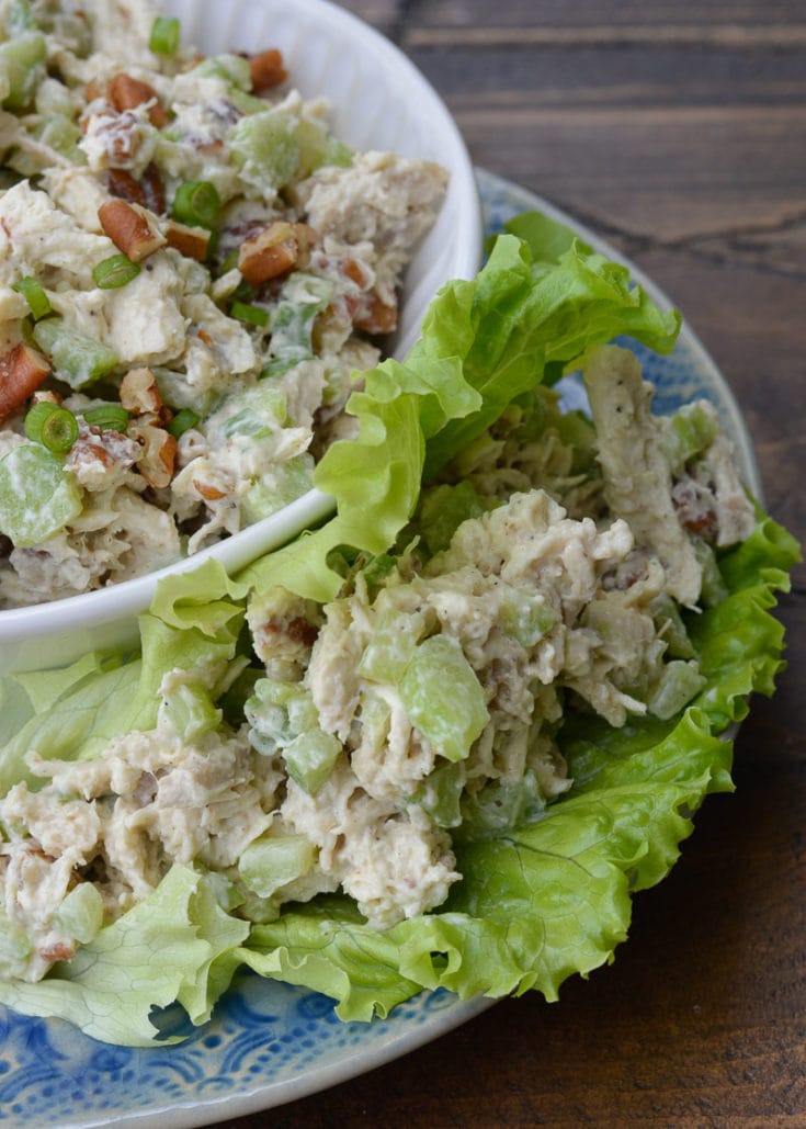 This easy Keto Chicken Salad is the perfect meal prep recipe! About 1 net carb per serving and delicious on a salad, in a lettuce wrap, or atop a keto bagel!