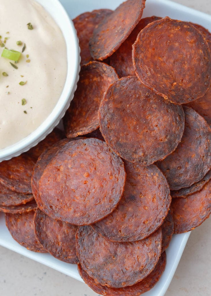 These Keto Chips are perfect for dips or a lunch snack. With pepperoni and low-carb tortillas, you can have a salty, crunchy keto snack you'll want to keep around!