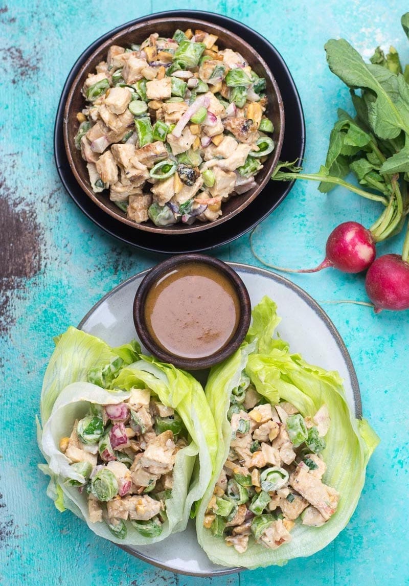 This easy Chopped Thai Chicken Salad is loaded with chopped chicken, crisp vegetables and sweet and spicy peanut sauce! At 3 net carbs per serving this is the perfect easy low carb lunch!