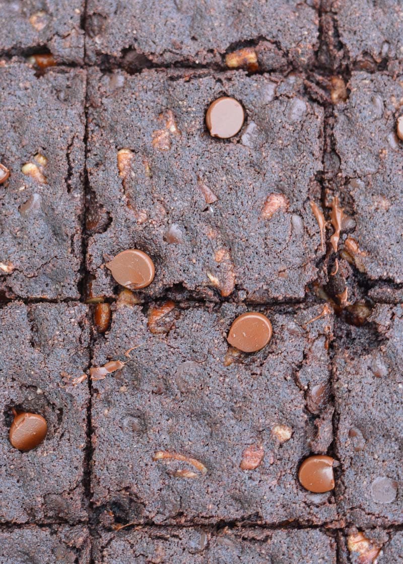 Overhead view of sliced keto double chocolate chip cookie bars. 