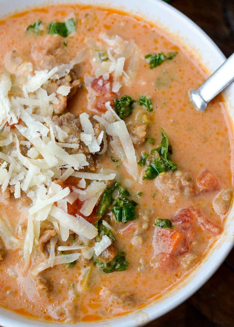 This creamy, comforting Keto Italian Sausage Soup is loaded with meat, vegetables and cheese! Each generous serving has about 8 net carbs, making it the perfect low carb dinner. 