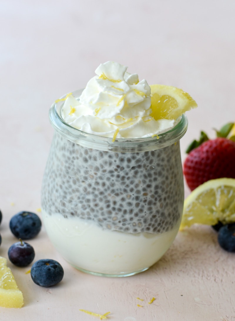 These Keto Lemon Cheesecake Parfaits feature a creamy lemon cheesecake layer topped with vanilla chia seed pudding! An easy no bake keto treat!