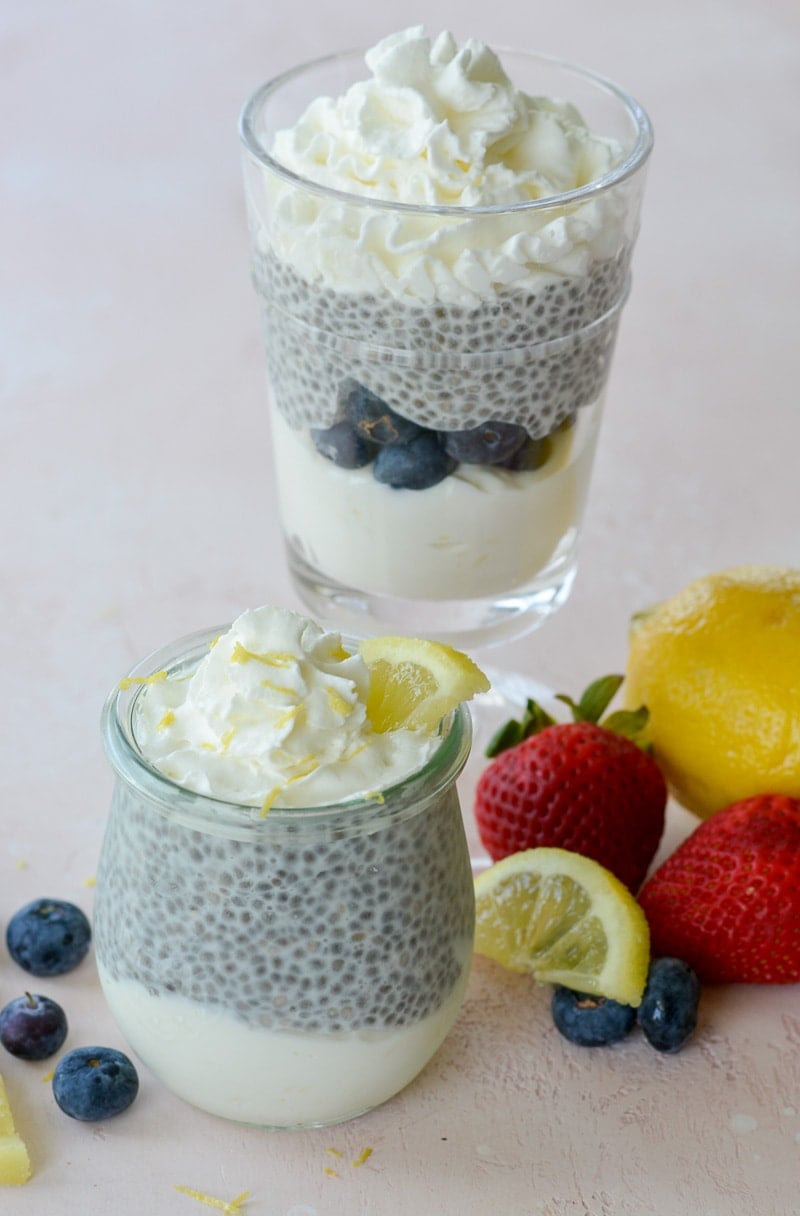 These Keto Lemon Cheesecake Parfaits feature a creamy lemon cheesecake layer topped with vanilla chia seed pudding! An easy no bake keto treat!