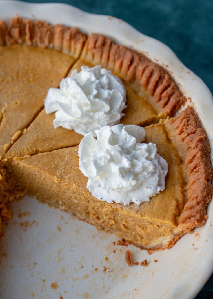two sliced of pumpkin pie in a pumpkin pan with whipped cream