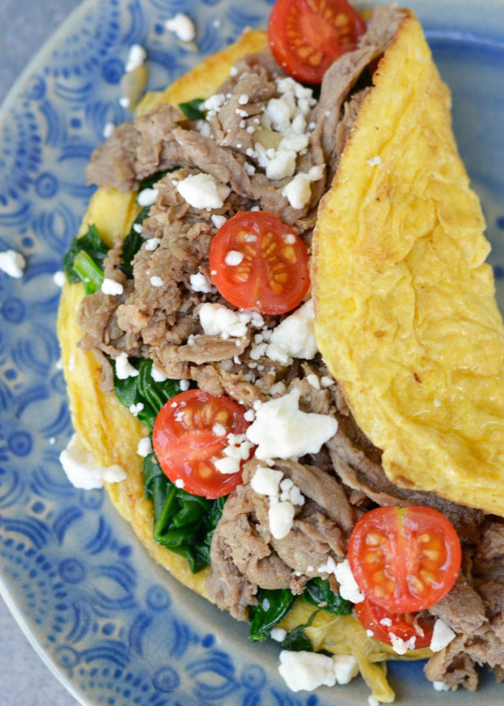 This keto steak omelet is a quick breakfast or brunch when you meal prep the shaved beef!