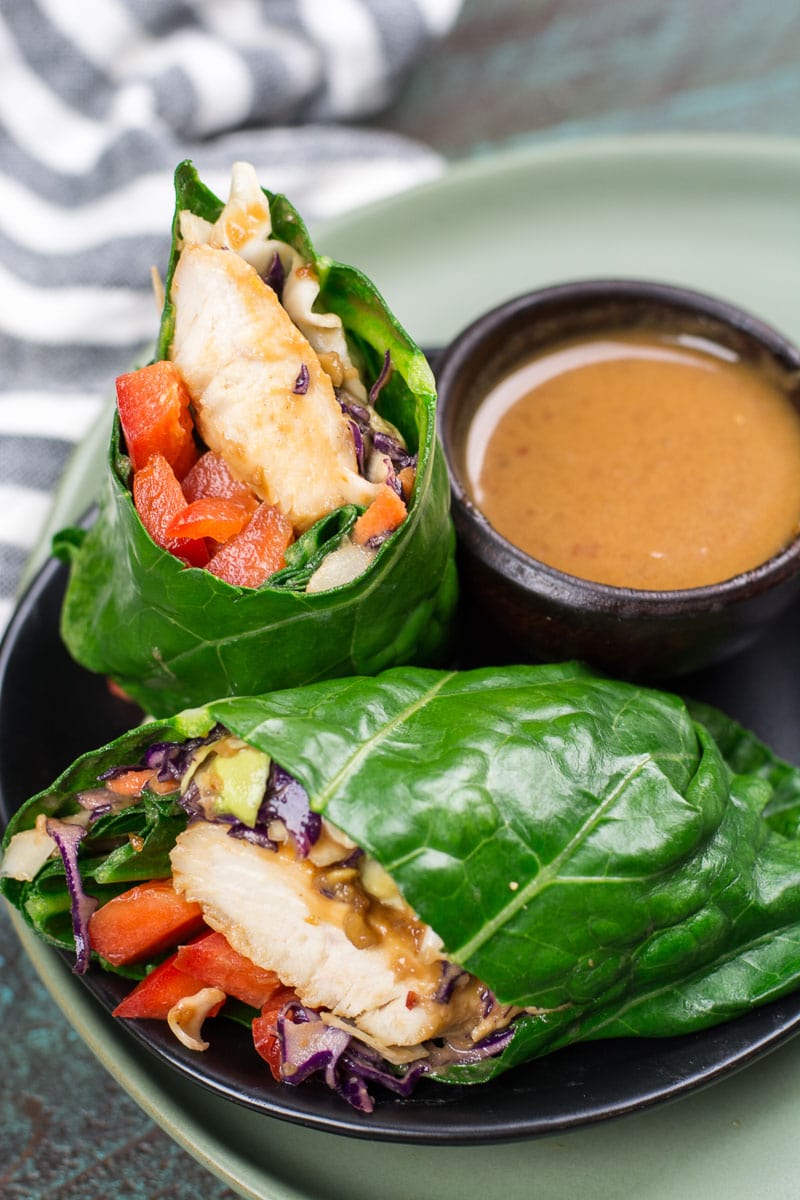 These Keto Thai Chicken Collard Wraps are an amazing low carb wrap packed with flavor and only has about 5 net carbs each!