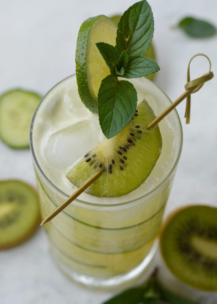 This Kiwi Cucumber Gin Cocktail is the perfect sugar-free, low carb drink! A homemade kiwi sugar-free simple syrup will make this keto cocktail recipe a favorite at your next party!