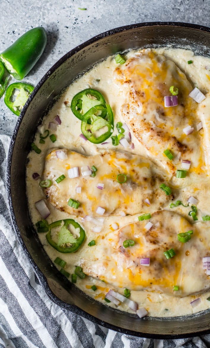 This One Pan Cheesy Jalapeño Chicken is the perfect easy keto dinner with just 5 net carbs! This recipe is perfect for busy nights and easy keto meal prep!