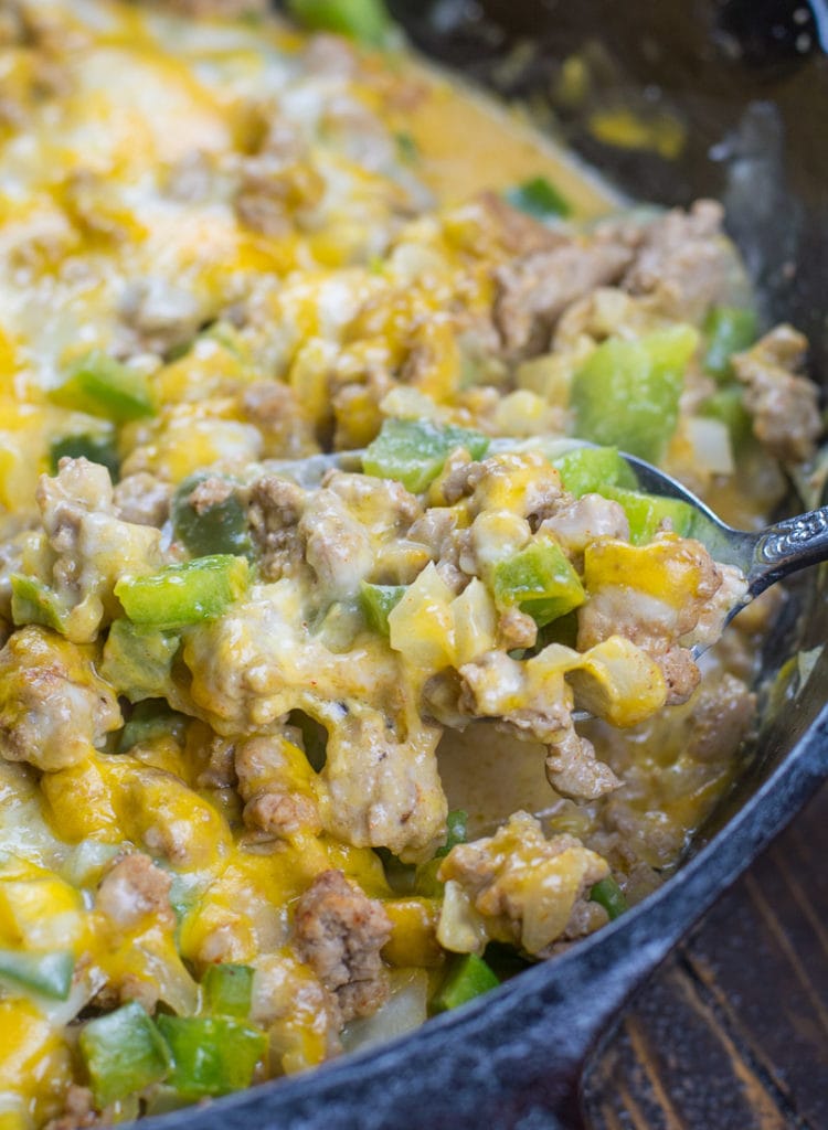 Try this easy One Pan Keto Philly Cheesesteak Skillet for an easy low carb dinner! This 20 minute meal is under 5 net carbs and loaded with ground beef, onions, peppers and cheese!