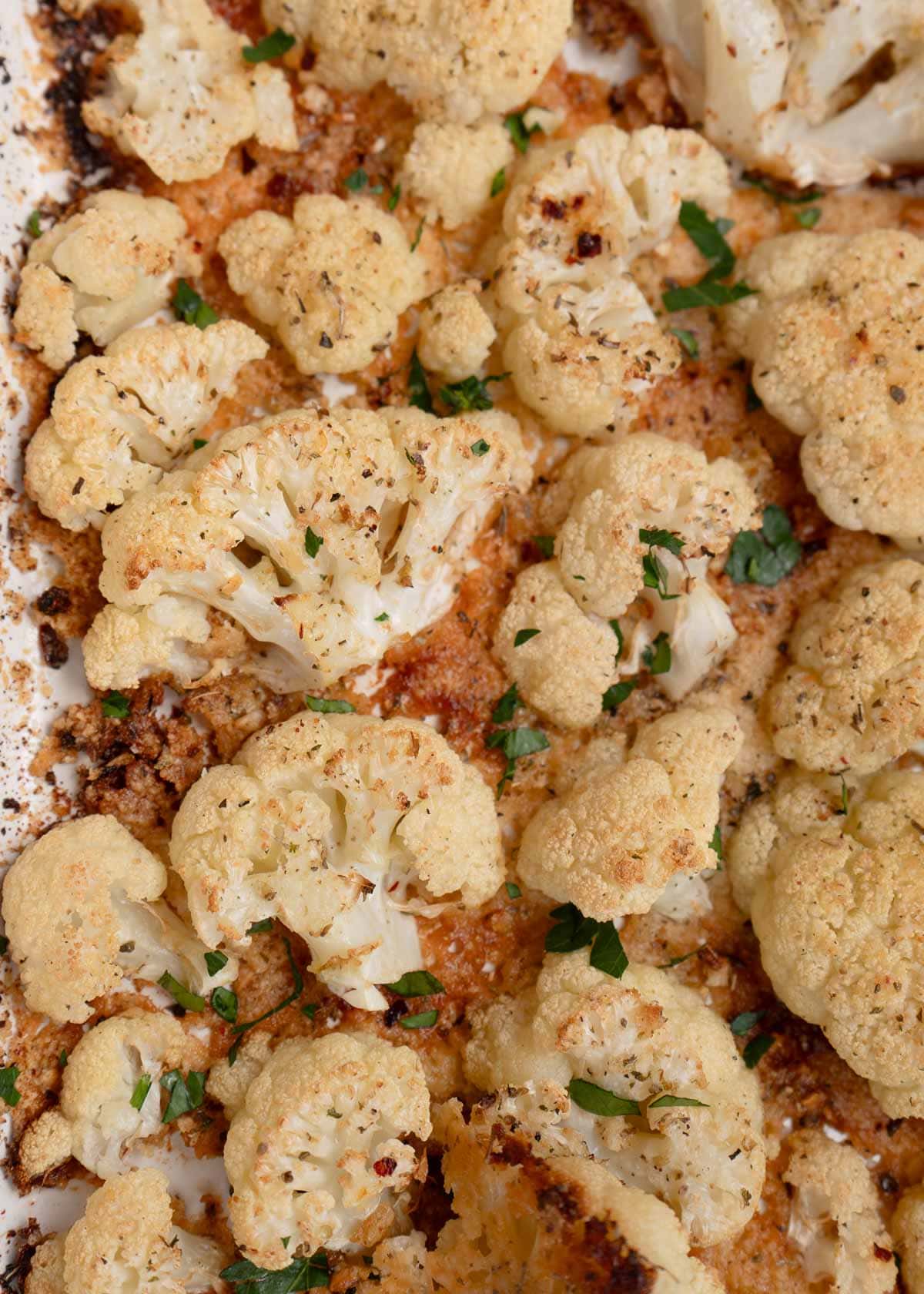 an overhead shot of parmesan crusted cauliflower 