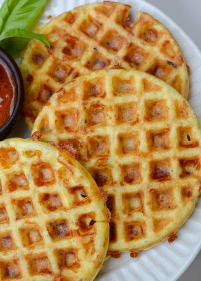 Enjoy these cheesy Pepperoni Pizza Chaffles for just 2 net carbs each! 