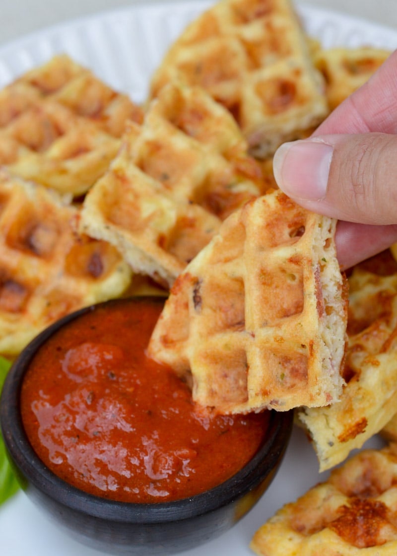 Enjoy these cheesy Pepperoni Pizza Chaffles for just 2 net carbs each! 