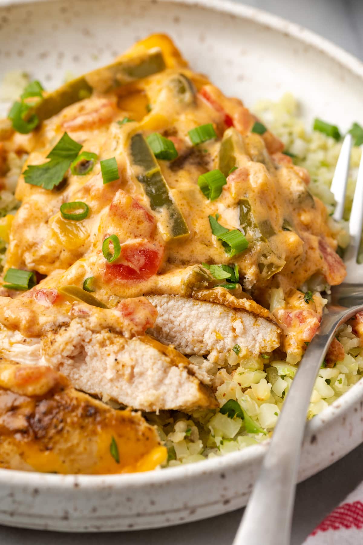 This Santa Fe Chicken is a one-pan recipe packed with your favorite southwestern flavors. Juicy seasoned chicken is paired with peppers, onions, and tomatoes in a creamy, cheesy sauce!