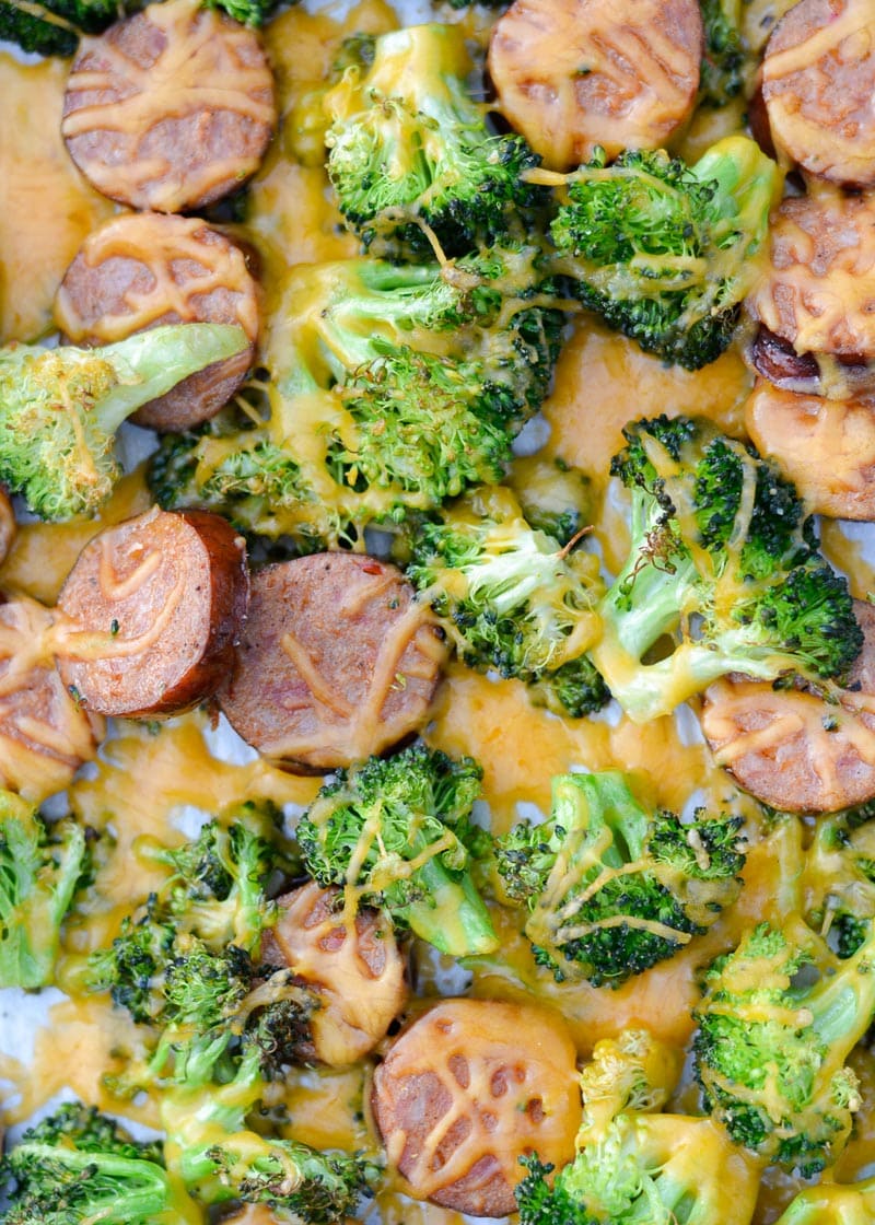 This Sausage Broccoli Cheddar Sheet Pan is the perfect easy weeknight meal! This meal includes four generous servings for less than 7 net carbs each! 