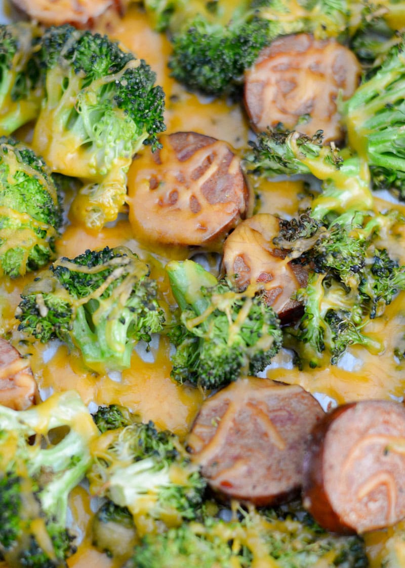 This Sausage Broccoli Cheddar Sheet Pan is the perfect easy weeknight meal! This meal includes four generous servings for less than 7 net carbs each! 