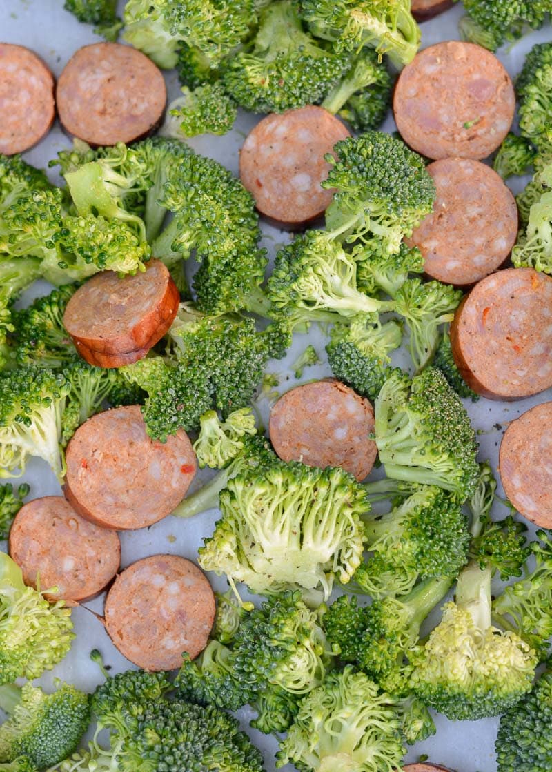 This Sausage Broccoli Cheddar Sheet Pan is the perfect easy weeknight meal! This meal includes four generous servings for less than 7 net carbs each! 