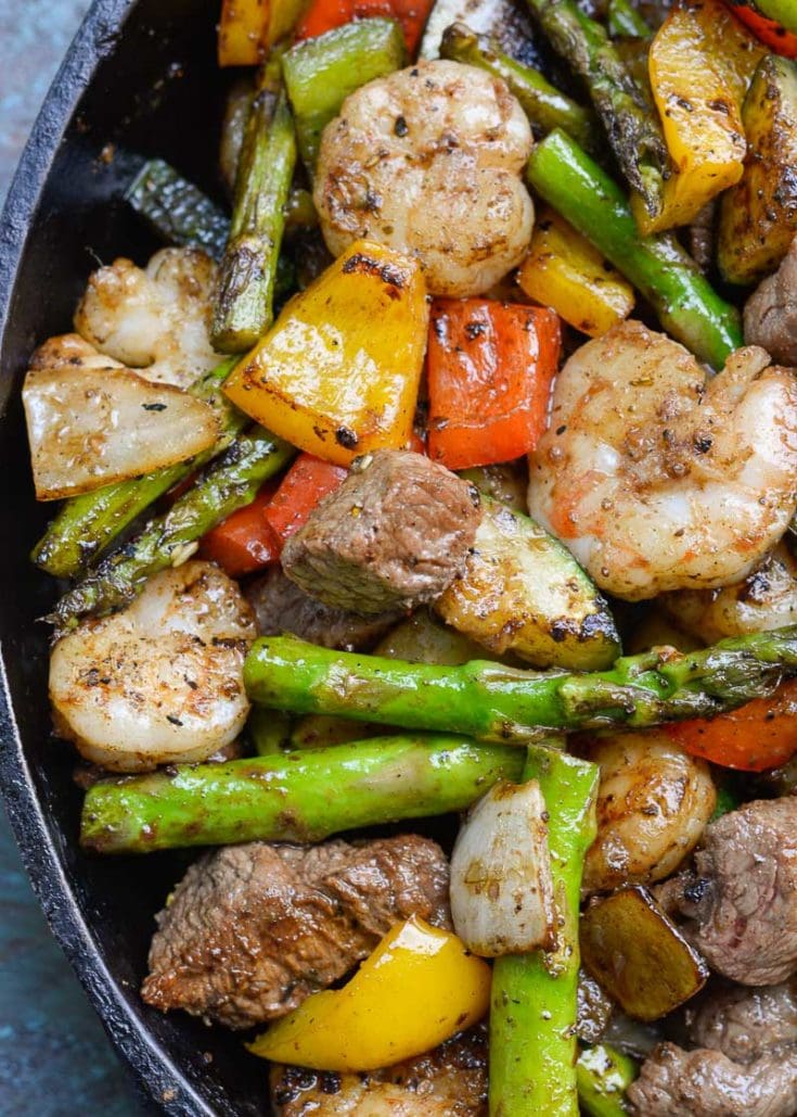 Try this Steak and Shrimp Skillet for an easy, impressive meal! This keto steak recipe is ready in less than 20 minutes and has just 4 net carbs per serving!