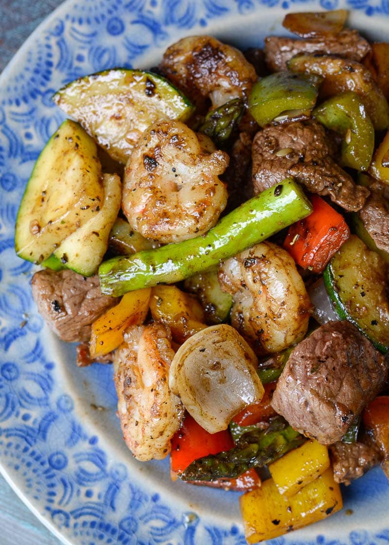 Try this Steak and Shrimp Skillet for an easy, impressive meal! This keto steak recipe is ready in less than 20 minutes and has just 4 net carbs per serving!