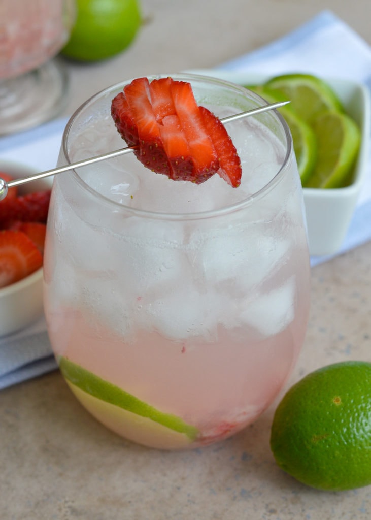 This delicious Sugar Free Strawberry Rose Limeade is easy to make and can be enjoyed with or without alcohol! Perfect for brunch, picnics, and cookouts!