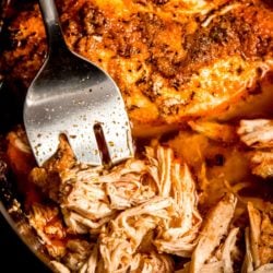 chicken breasts being shredded in black slow cooker