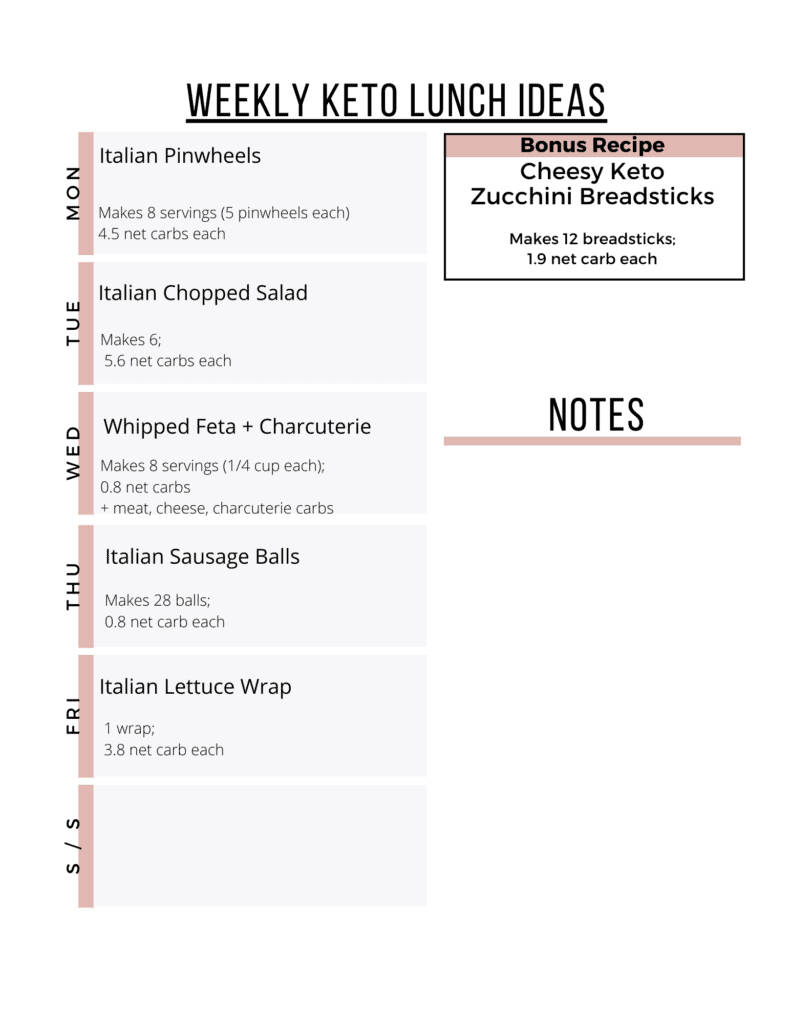 These Keto Lunch Ideas make sticking to keto easier! Enjoy 5 low-carb lunches plus a bonus snack recipe to keep you full and satisfied. Printable grocery list and meal prep tips included.